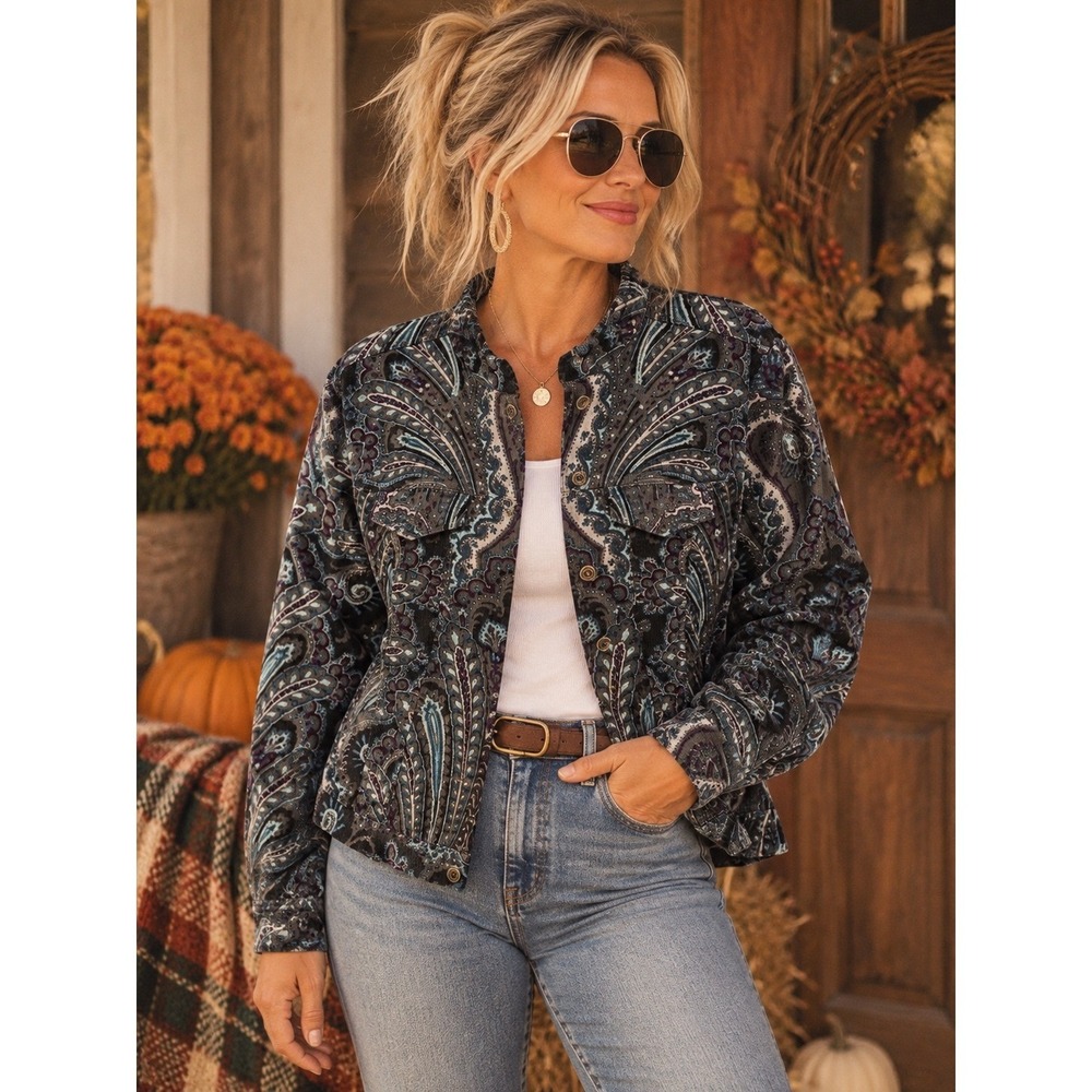 Charter Club Petite Paisley Corduroy Jacket Blue Purple Button Front PM 90s Fall